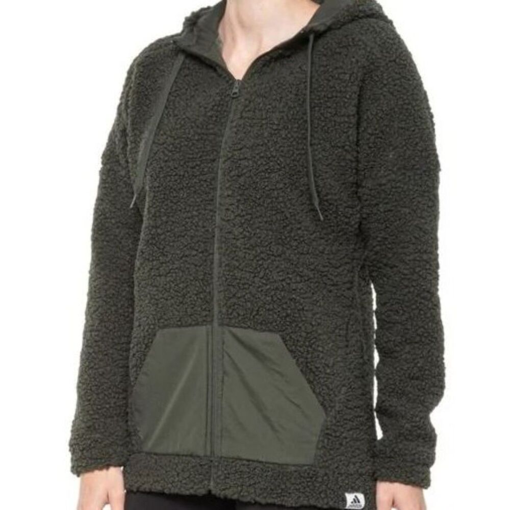 adidas Brilliant Basics Legend Earth Green Sherpa Hoodie Zipped Jacket Size XL